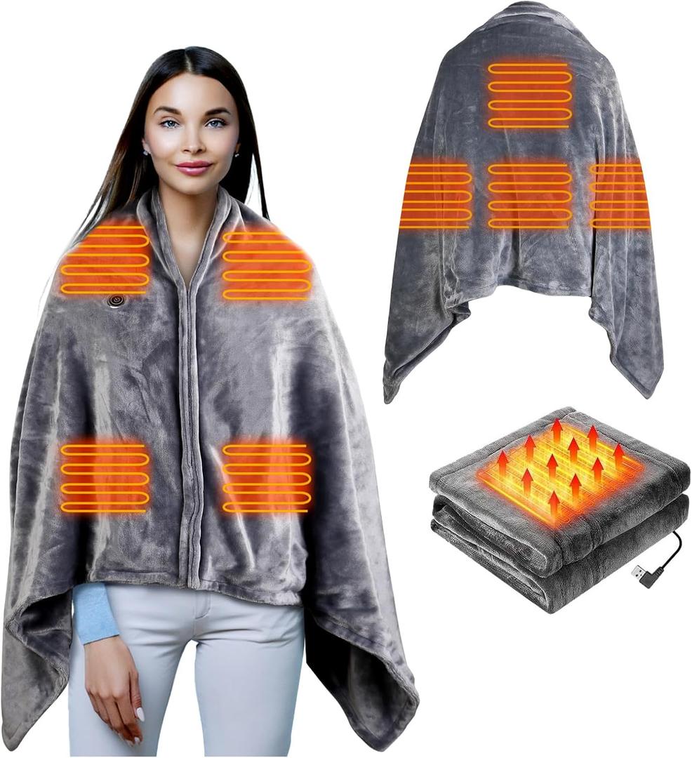 UNIQUORS Electric Heated Blanket Flannel Shawl, Portable Zipper Heating Blanket, 9 Heating Zones with 3 Heat Levels for Car Office Home Travel 59 x 33 in, Grey (Without Battery)