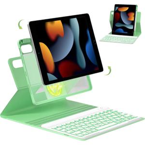 Senyoson Keyboard Case for iPad 7th/8th/9th Generation 10.2'' 2019/2020/2021, 360 Rotatable Magnetic Keyboard Case with Pencil Holder Groove, 7 Color Backlit Wireless Detachable Keyboard (Green)