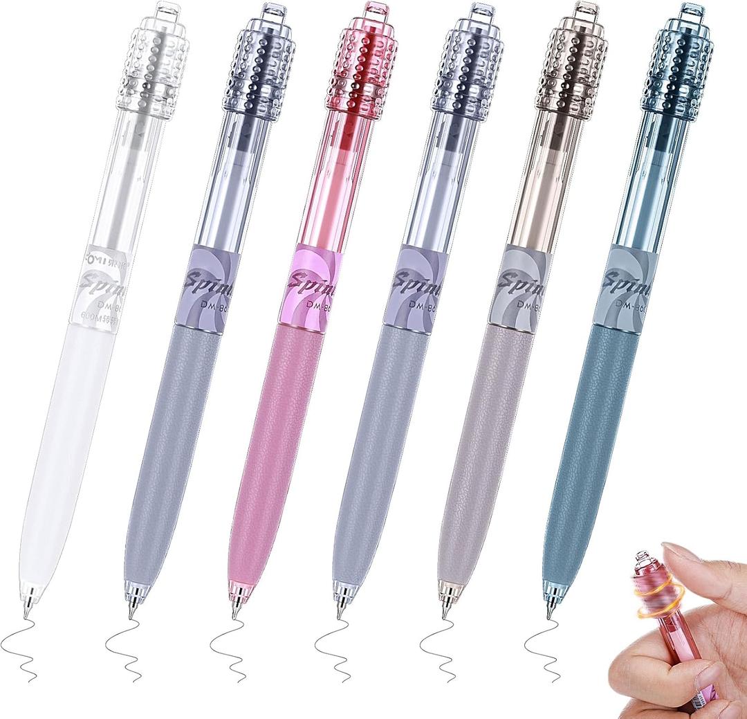 Crtiin 6 Pcs Fidget Spinner Pens for Adults Black Ink Gel Pens with Fidget Ball Stress Relief Pen Spinning Pen for Office Supplies Journaling (Cylinder, Bright)