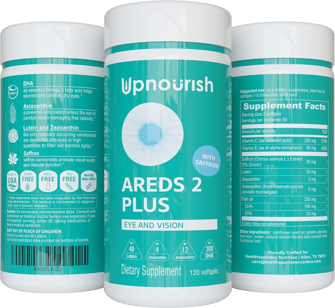 UpNourish AREDS 2+ - Advanced Eye Vitamin Supplement for Macular Health and Dry Eye - Lutein, Zeaxanthin, Saffron, Astaxanthin & DHA - Supports Eye Strain, Pressure, Night Vision - 120 softgels UpNourish AREDS 2+ - Advanced Eye Vitamin Supplement for Macular Health and Dry Eye - Lutein, Zeaxanthin, Saffron, Astaxanthin & DHA - Supports Eye Strain, Pressure, Night Vision - 120 softgels