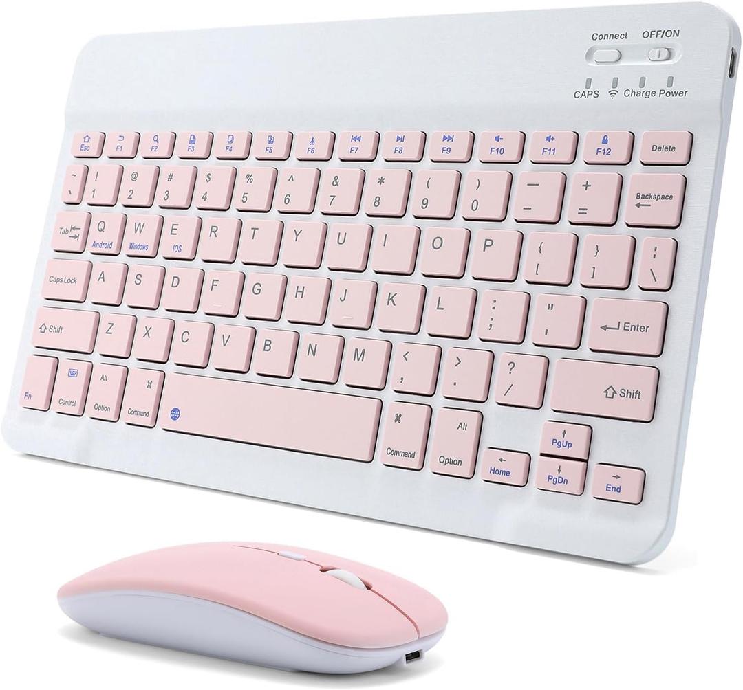 Rechargeable Bluetooth Keyboard and Mouse Combo for iPad, Ultra-Slim Portable Wireless Mouse Keyboard for iPad Pro Air Mini iPhone Samsung Tablet Cell Phone Android, iPadOS/iOS 13 and Above (Pink)