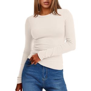 ANRABESS Womens Long Sleeve Thermal Shirts Slim Fit Basic Tee Tops Warm Fleece Undershirts 2025 Fall Winter Layer Outfits (Small, Parchment)