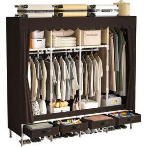 Portable Wardrobe with 4 Drawers, 4 Hanging Rods - 67" Tall Sweater Organizer, Sturdy Easy Temporary Bedroom Wardrobe Organizer, Brown, 18.1"D x 67.7"W x 66.9"H