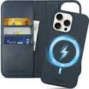 SHIELDON Wallet Case for iPhone 15 Pro Max, Genuine Leather Detachable Magnetic 2 in 1 Case Kickstand RFID Blocking Credit Card Slots Wireless Charging Compatible with iPhone 15 Pro Max - Navy Blue