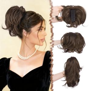 FESHFEN Claw Clip Short Ponytail Extensions - DIY Bendable Metals Fluffy Messy Bun Hair Piece Straight Synthetic Hairpieces Ponytail Extension for Women, Dark Brown & Light Auburn Mixed
