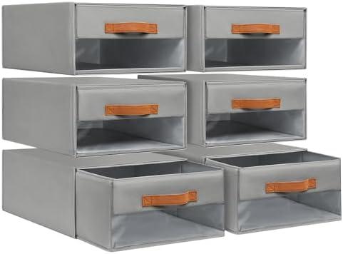 Closet Organizers and Storage - Foldable Storage Bins with Drawers Pull-Out Stackable Storage Drawers with Clear Window,Fabric Clothes Organizers and Storage Drawers for Closet, 6-Pack, Grey