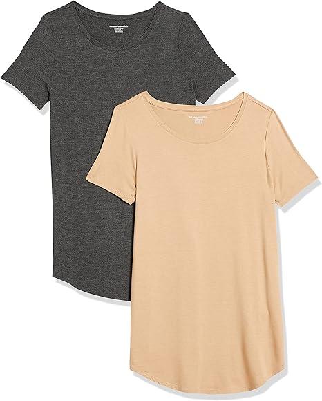 Amazon Essentials Women's Short-Sleeve Scoopneck Tunic, Pack of 2 (X-Large, Charcoal Heather/Light Camel)
