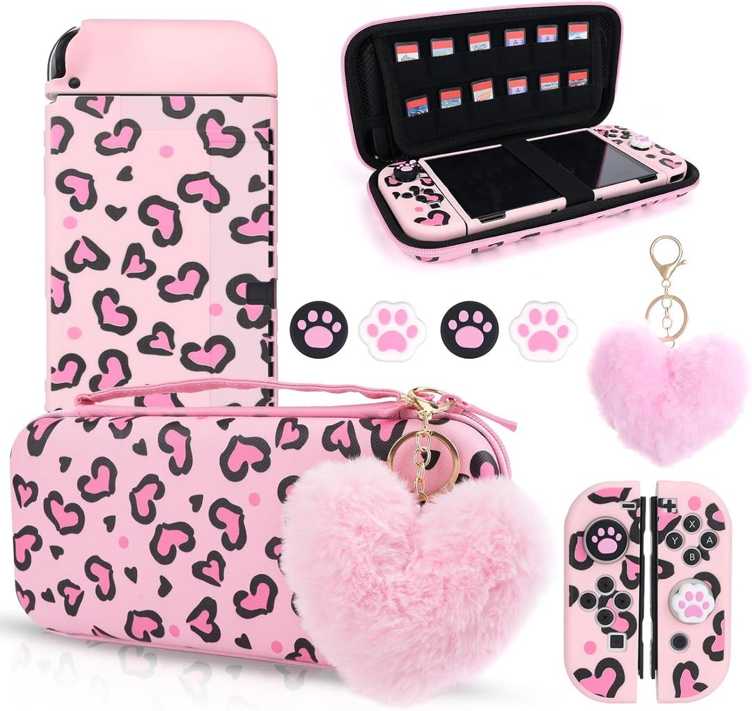 DLseego Pink Love Leopard Carrying Case for Switch OLED, Cute Silicone Protective Soft Cover with 4PCS Thumb Grip Caps and Pink Plush Heart Pendant Hard Storage Case Accessories Kit Bundle for Girls