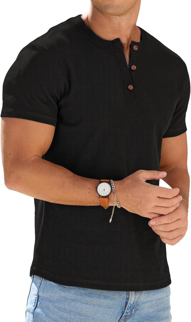 Sailwind Mens Muscle Henley Shirts Lightweight Workout T-Shirt Gym Tee Athletic Short Sleeve with Button (Large, Black)