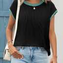 Tankaneo Womens Summer Color Block T-Shirts Cap Sleeve Textured Ribbed Knit Tees Casual Ringer Crew Neck Loose Fit Tops (Black) Larg