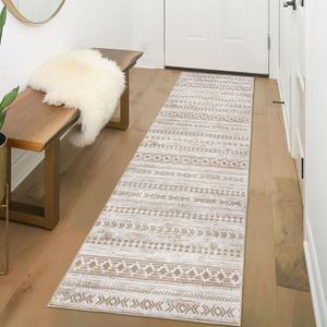Moroccan Washable Runner Rug 2x6, Non-Slip Vintage Beige Brown Neutral Boho Runners for Hallways Kitchen Rugs Soft Print Distressed Geometric Floor Carpet Runner for Bedroom Laundry (2' x 6' (Rectangular))