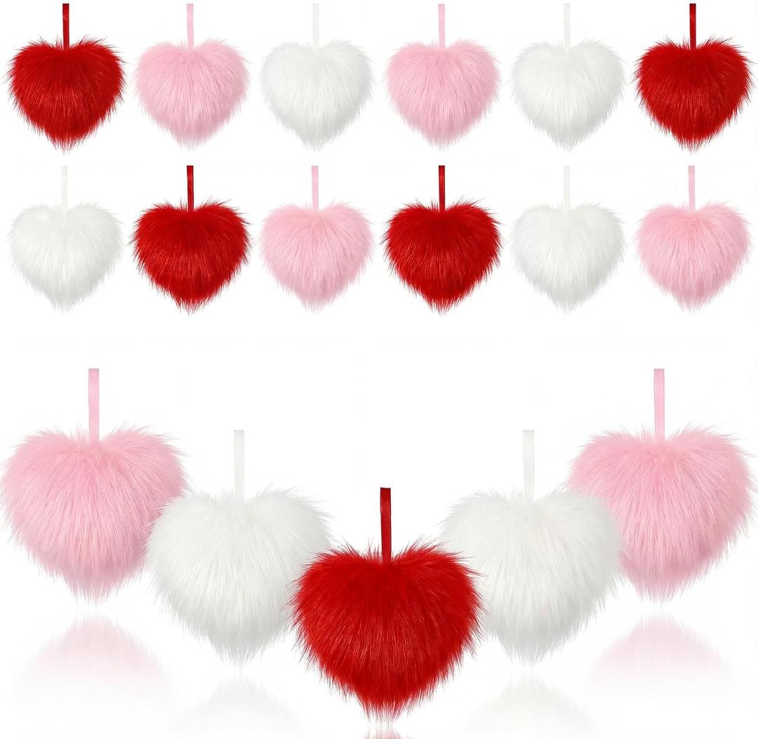 Sotiff 24 Pcs Valentine's Day Heart Ornaments Plush Red Pink White Heart Ornament Valentine's Day Fluffy Fur Hanging Decorations for Tree Bowl Vase Filler Wedding Anniversary Party Supplies Home Decor
