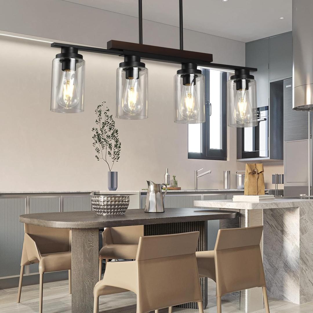 Black Farmhouse Dining Room Light Fixture, 4-Light Wood Linear Chandelier with Clear Glass Shades,Rustic Pendant Lights Kitchen Island Over Table