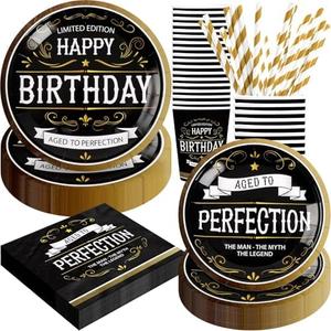 Aged to Perfection Birthday Decorations, 120Pcs Birthday Party Decorations for Men, Disposable Tableware Includes Paper Plates, Napkins, Cups and Straws | Serves 24