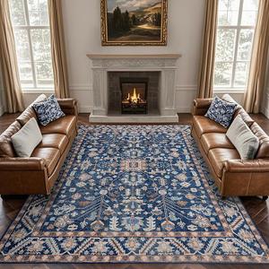 8'x10' Area Rugs Washable: Oriental Soft Area Rug for Living Room Bedroom No Shedding - Low Pile Thin Carpet Rug for Dining Room Non Slip - Boho Vintage Rug for Home Decor - Navy Blue
