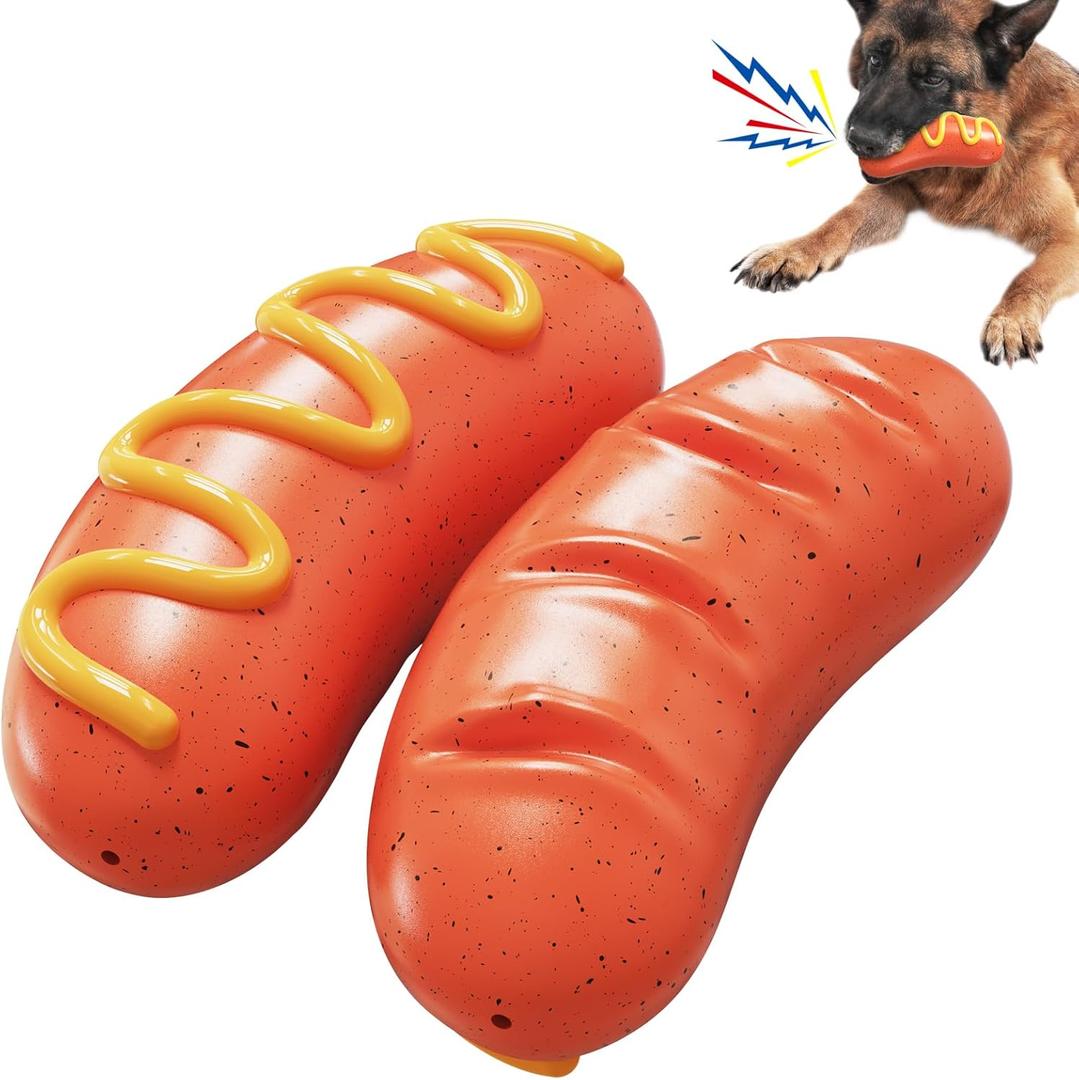 Dog Toys Chewers,Dog Chew Toy for Aggressive Chewers Hotdog,Squeaky Dog Toy Interactive (Red Hotdog)