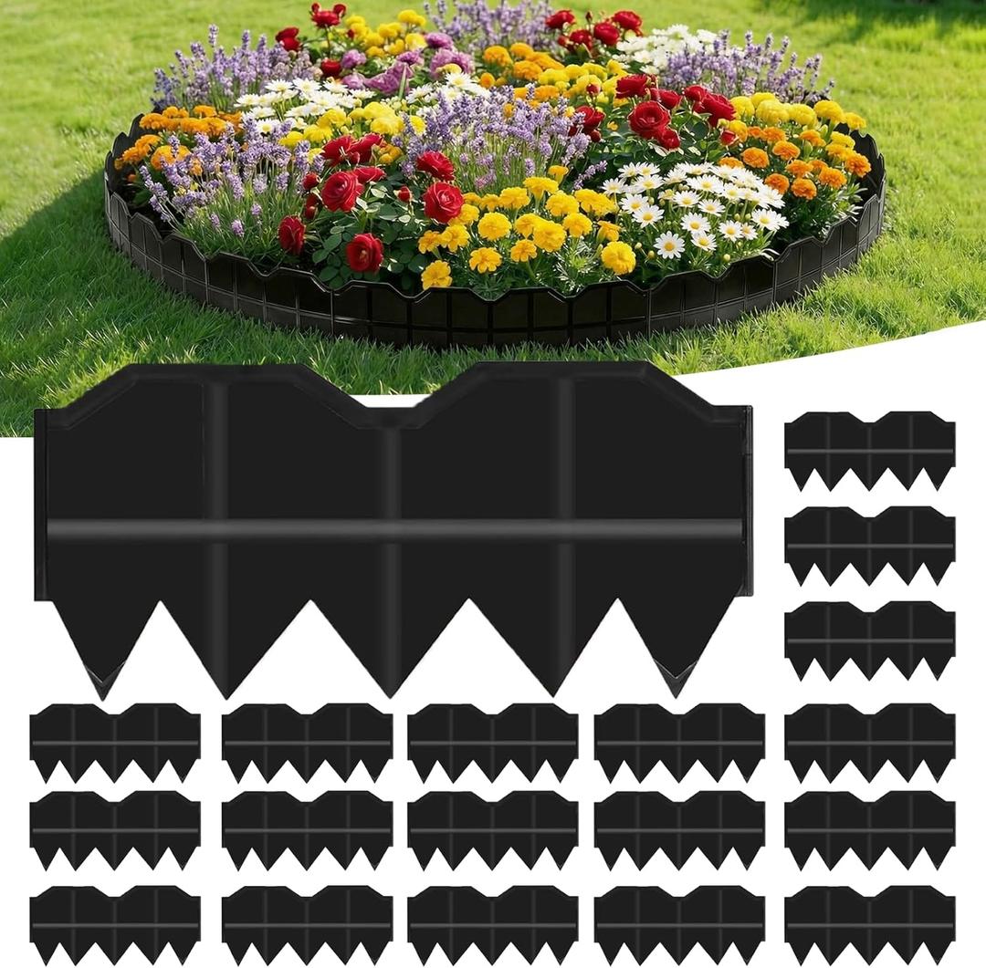 Landscape Edging No Dig, Garden Edging Border with 20Pcs Stakes, Plastic Flower Bed Border Flexible for Landscaping, Lawn Patio, Pathway, Black (20)