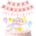 Rainbow Happy Birthday Cake Topper - 15Pcs Cloud and Star Hot Air Balloon Cake Decoration with Pink Happy Birthday Banners and Pennant for Baby Shower Birthday Party Cake Decor Supplies
