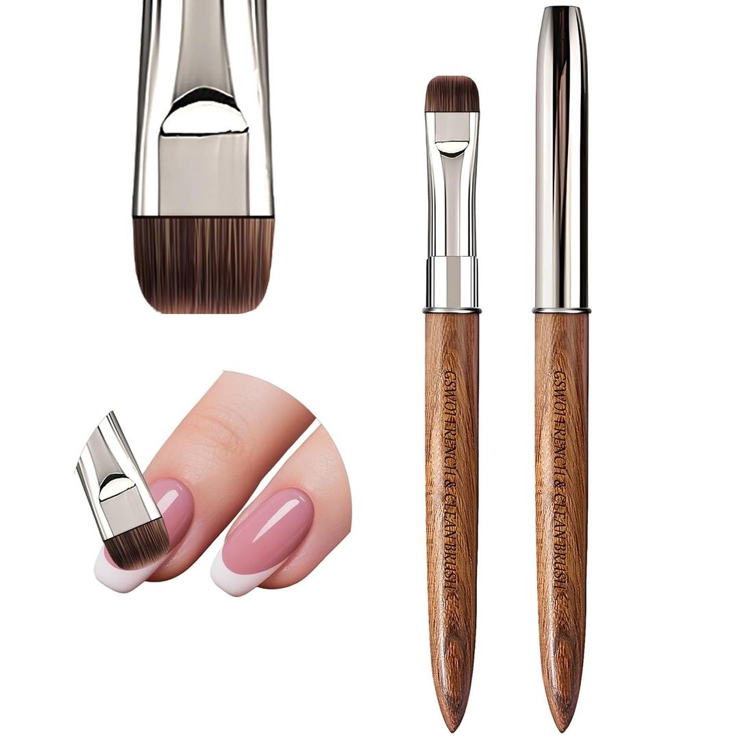 Acrylic Nail Brush & French Tip Brush-Salon French Manicure Tool with Firm Flat Head,Streak-Free One Stroke Design,Nail Art Cleaning Brush