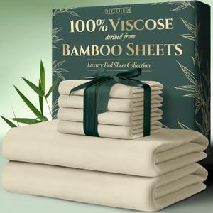 DECOLURE 100% Viscose Derived from Bamboo Sheets Queen Size 6pcs - Ultra Soft & Luxuriously Cooling, 17" Deep Pocket, Double Stitching, Perfect for Hot Sleepers - Queen Bed Sheets (Creme)
