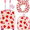 Sanwuta 4 Pcs Kids Luggage Set Carry On Rolling Suitcase Backpack Neck Pillow Travel Set Gift for Girls Boys Summer Camp(17 Inch,Strawberry Style,Light Pink)