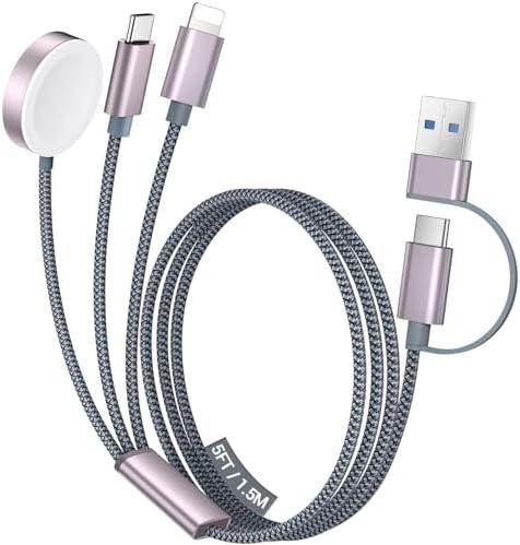 Temdan for Travel Vacation Essentials,3 in 2 USB C Cable for Apple Watch Charger/iPhone 17 Charger/Lightning,Multi Charging Cable Cord,Camping Essentials,Portable Designed for iWatch &iPhone 16-12-5FT