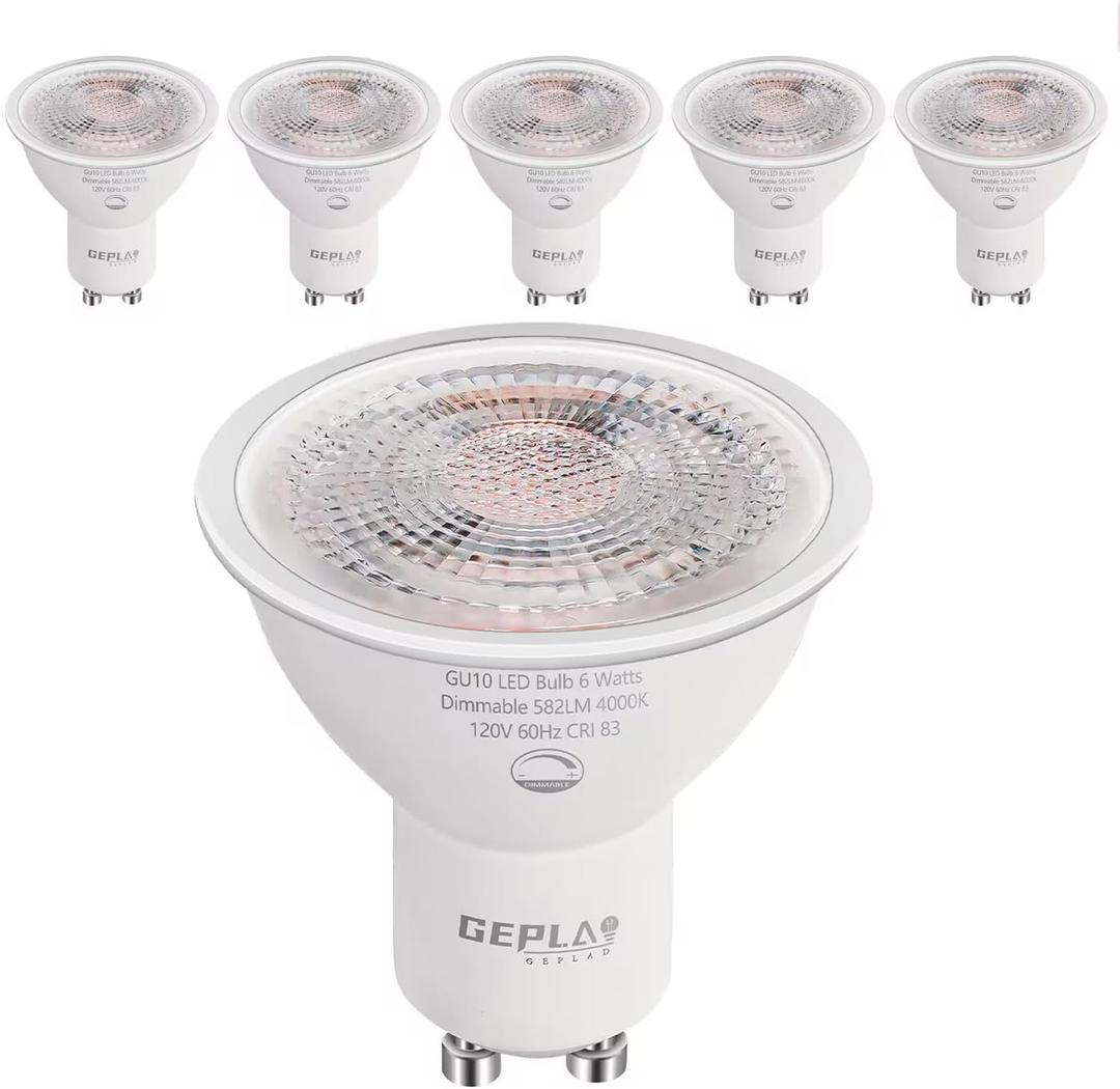 6-Pack GU10 LED Bulbs 6W (50W Equivalent), Dimmable 4000K Cool White, 580LM, Perfect for Track & Recessed Lighting, Kitchen, Display Case