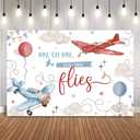 Airplane 1st Birthday Backdrop Time Flies Boy Birthday Photo Booth Background Banner First Birthday Party Decoration for Kids First Birthday Supplies (82"x59")