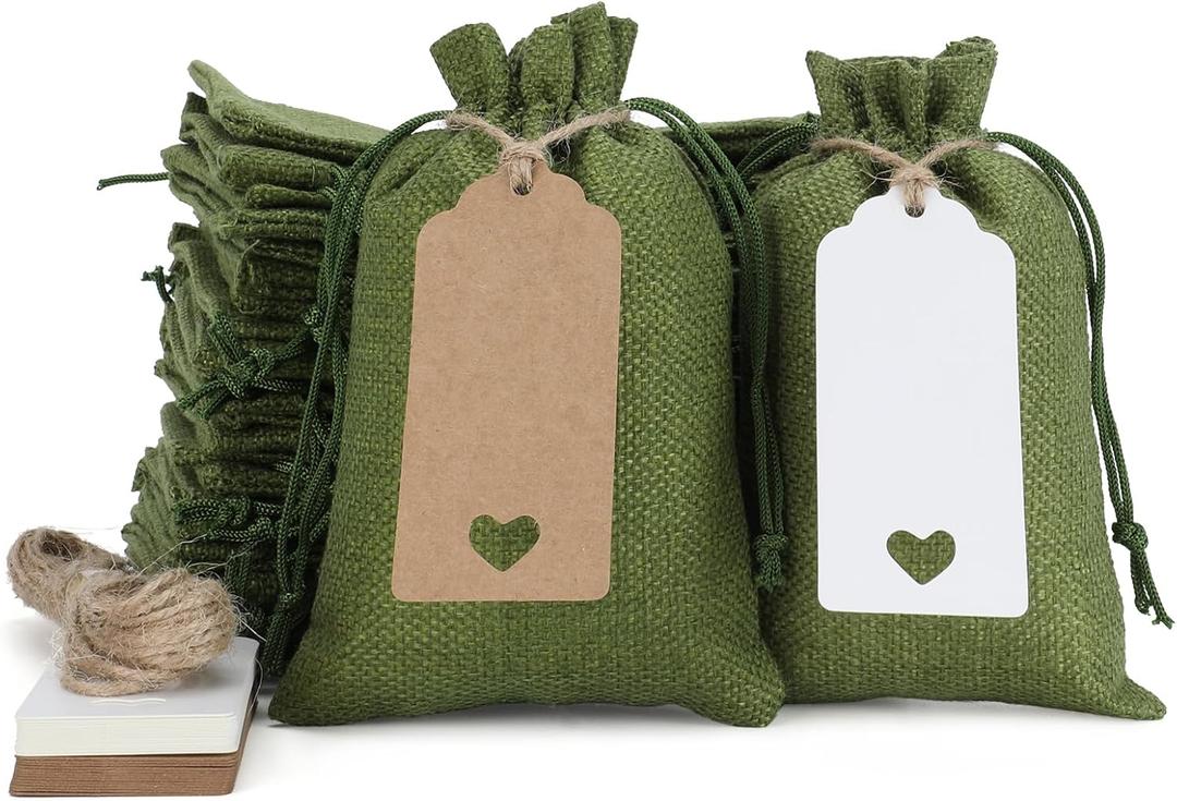 Tapleap Green Small Gift Bags with Drawstring - 30Pcs 4x6 Burlap Sacks for Wrapping Christmas Favors, Soap, Jewelry, Crosses Games, Marble Sets, For Small Business, Birthday, Wedding