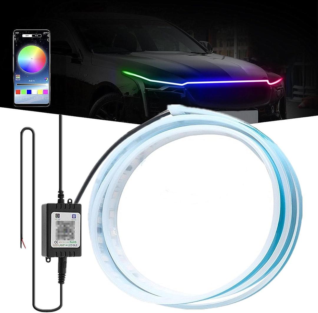 Ultra Thin LED Hood Light Strip,RGB Illusory Color Hood Beam Kit,Multicolor Flexible LED Car Daytime Running Strip Lights Car Neon Bar for CarsTrucksPickupsSUVsetc (60in)