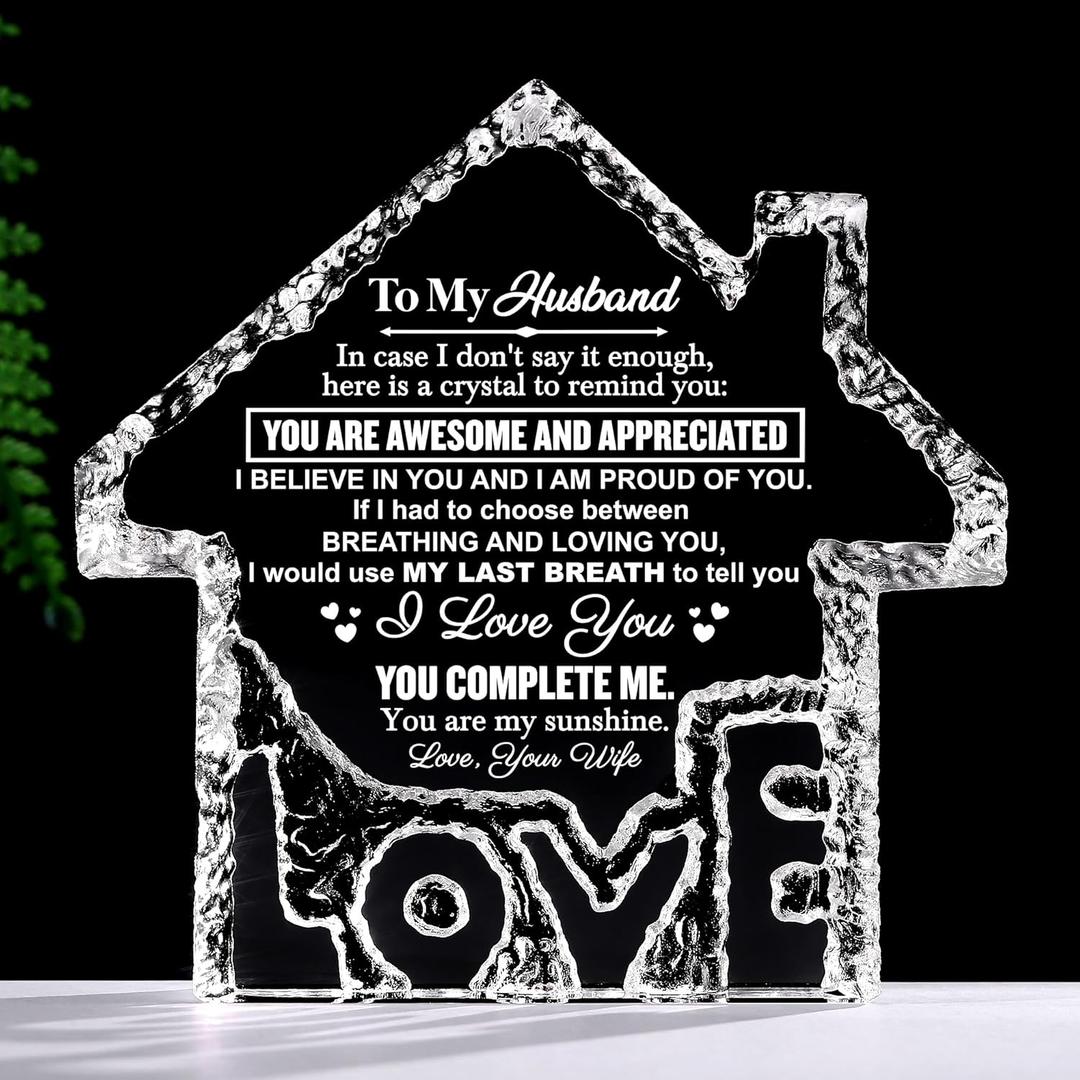 ZHSHWAT Gifts for Husband, Gifts for Husband from Wife House Shape K9 Crystal Keepsakes - Romantic Gifts for Husband Home Office Desk Decorations, Christmas Wedding Anniversary