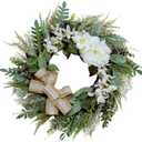 22 Inch Winter Wreath for Front Door - Green Greenery with White Blooms and Elegant Bow - Weatherproof Outdoor Christmas & Holiday Welcome Decor