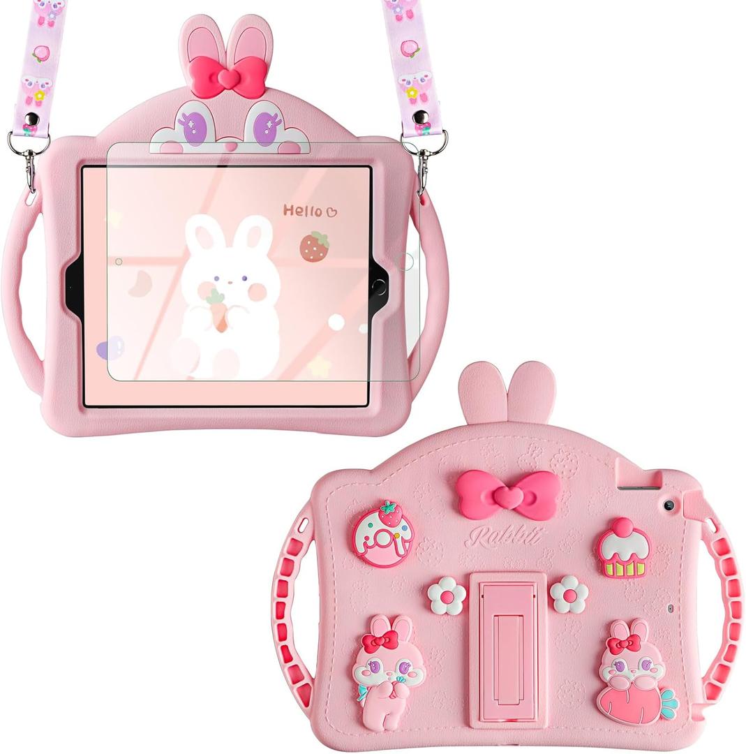 WESADN for iPad 9th Generation Case iPad 8th 7th Generation Cases 10.2 inch for Kids Girls with Screen Protector Shoulder Strap Kickstand Cute Rabbit Silicone Cover for iPad 10.2 Case Pink