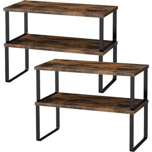 Cabinet Shelf Organizers, 15.7 inches Large Kitchen Counter Shelf, Set of 4 Wood Kitchen Pantry Organizer, Storage Shelves for Countertop, Spice Rack, Stackable, Expandable, Metal Black, Brown