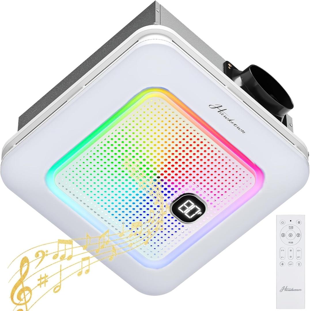 Hawkrown Bathroom Exhaust Fan with Bluetooth Speaker, 230 CFM 1.0 Sone Bathroom Exhaust Fan with Light, 3 Dynamic Light, 7 LED Color, 3 Color Temperatures, Nightlight, Remote, Easy Install (White)