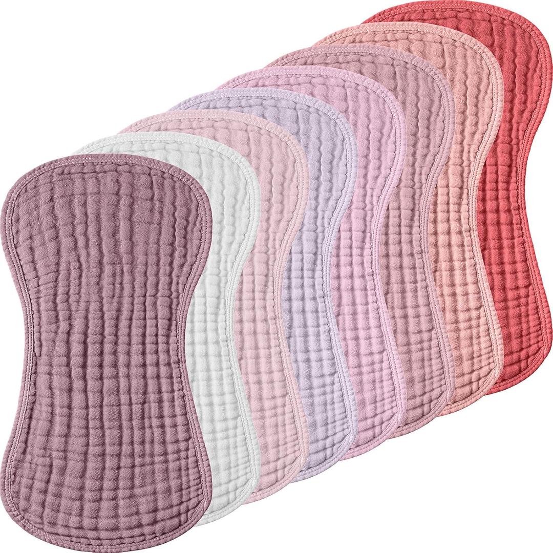 Frienda 8 Packs Muslin Burp Cloths Baby Girl Large 20''x10'' Organic Cotton Burp Rags 6 Layers Absorbent Soft Colorful Washcloth for Drool Spit up Newborn Must Have Essential Shower Registry Gifts (Pink/Purple Color)