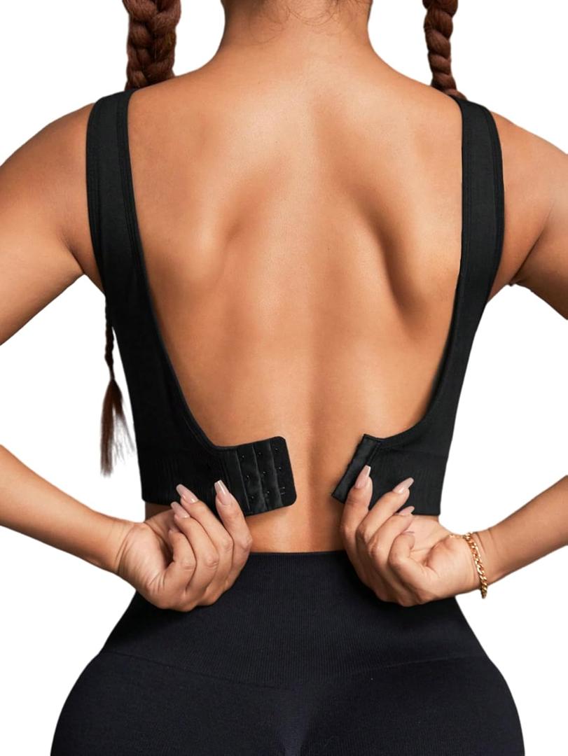 SweatyRocks Women's Backless Sports Bra Padded Medium Support Workout Yoga Crop Tank Top Black Small