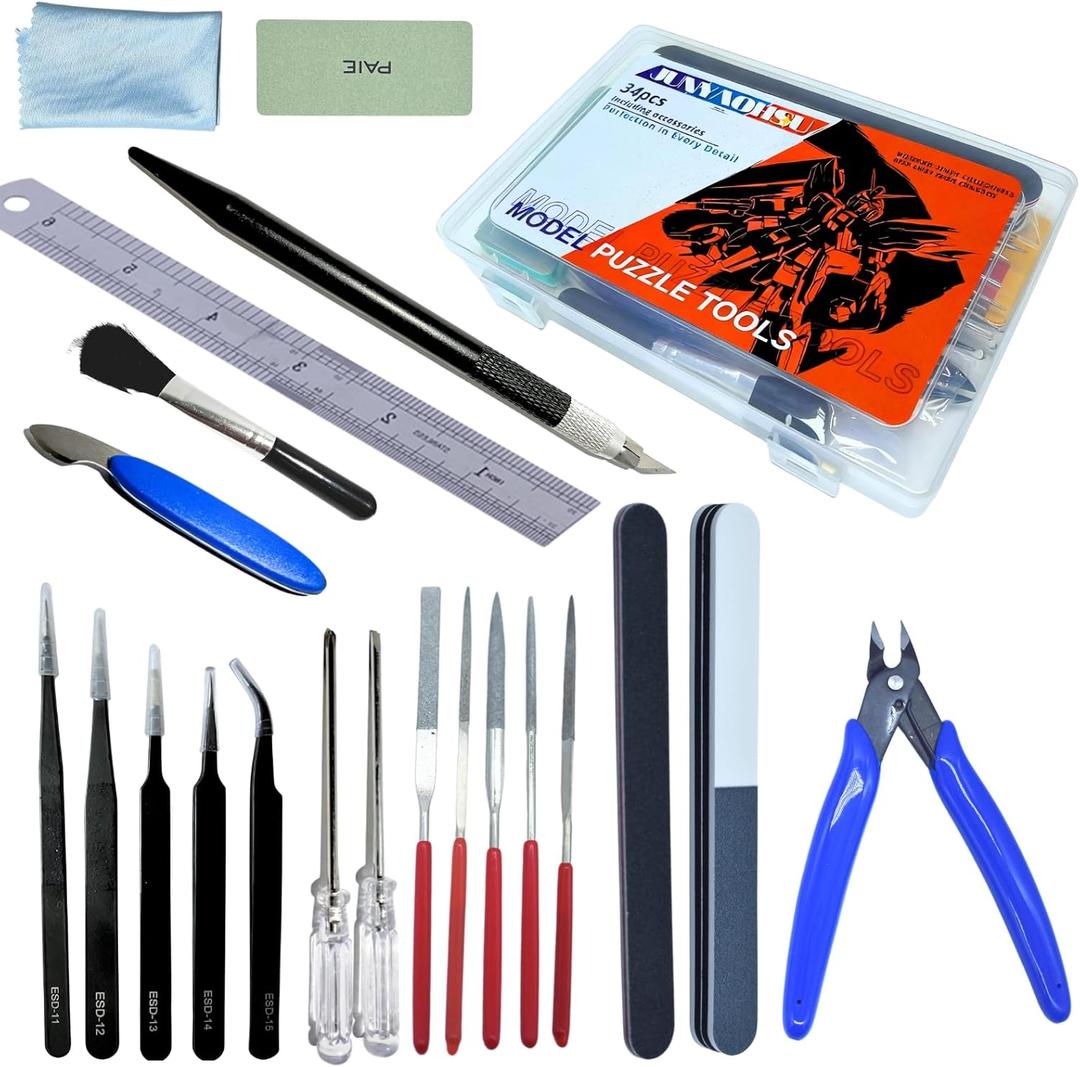 JUNYAOHSU Gundam Model Tools Kit, 34pcs Hobby Tool Set, Pliers, Separator, Files, Screwdriver, Tweezers, Polishing Strip, Graver, Blades for Buildings, Gundam, Robots Models Minature