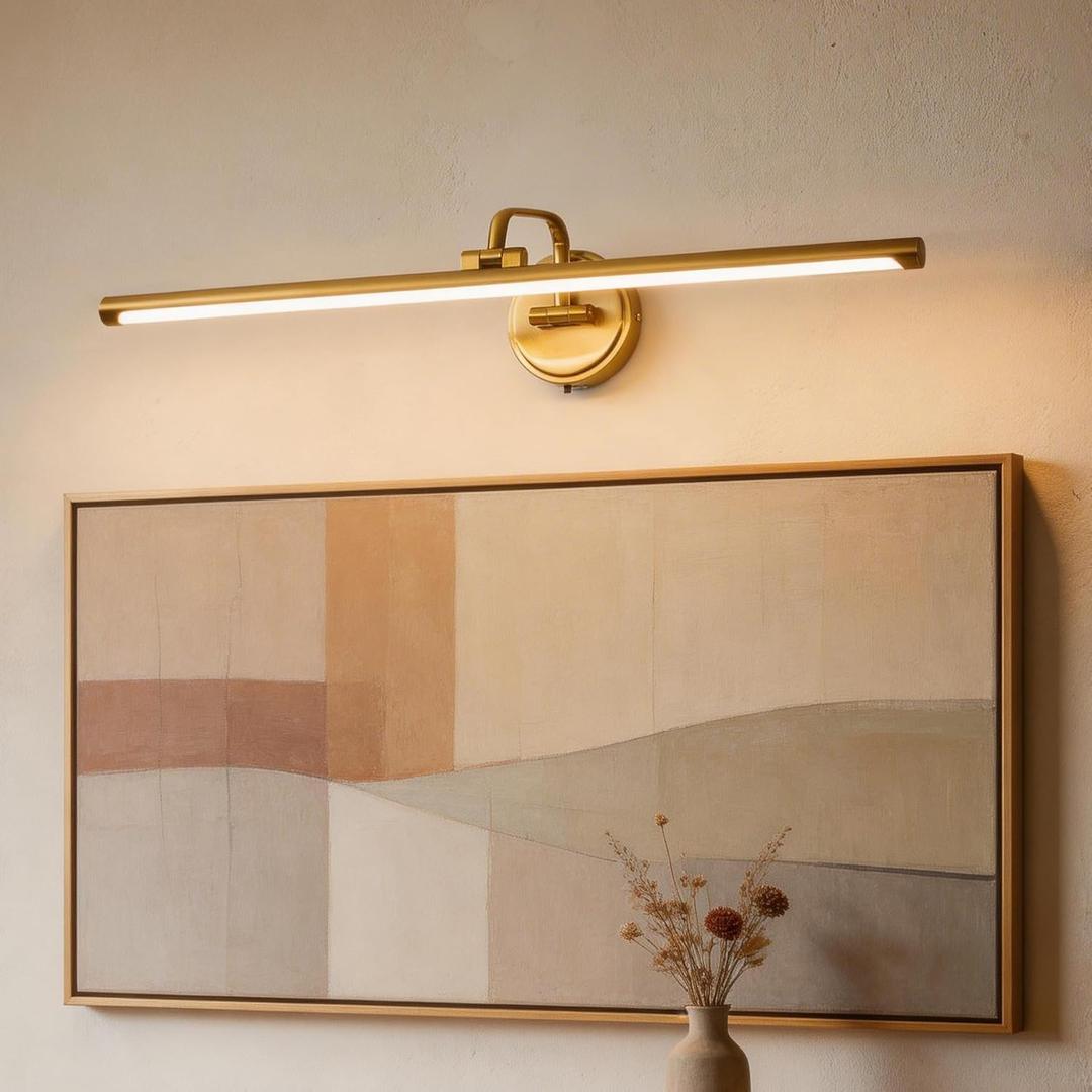 Hardwired Picture Light for Wall,32 Inch Modern Brass Dimmable Frame Light with Adjustable Swing Arm,3CCT LED Art Display Light for Paintings,120 Volts Gallery Wall Light,Hallway Vanity Light,10W