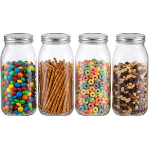 novelinks 64 oz Large Plastic Mason Jars with Airtight Lids, 4 Pack Big Jars Wide Mouth and Plastic Storage Containers for Pantry, Pickle, Sauce, Sugar (4 Pack,Silver)