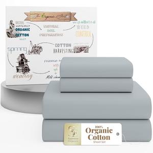 SUPREME ELEGANCE 4Pc 100% Organic Cotton King Size Sheets Set, Soft Silver, Cooling Percale, Deep Pocket Fitted Sheet, Fits 16" Mattresses, Breathable Bed Sheets & Pillowcases, Crisp Bedding