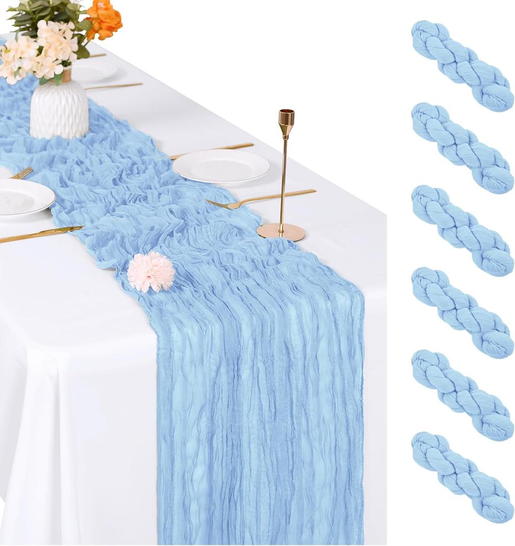 6 Pack Baby Blue Cheesecloth Table Runner, 17 x 108 inch, Semi Sheer Boho Cheese Cloth Fabric Table Runner Bulk for Wedding , Birthday, Party, Holiday, Home Decor (Baby Blue)