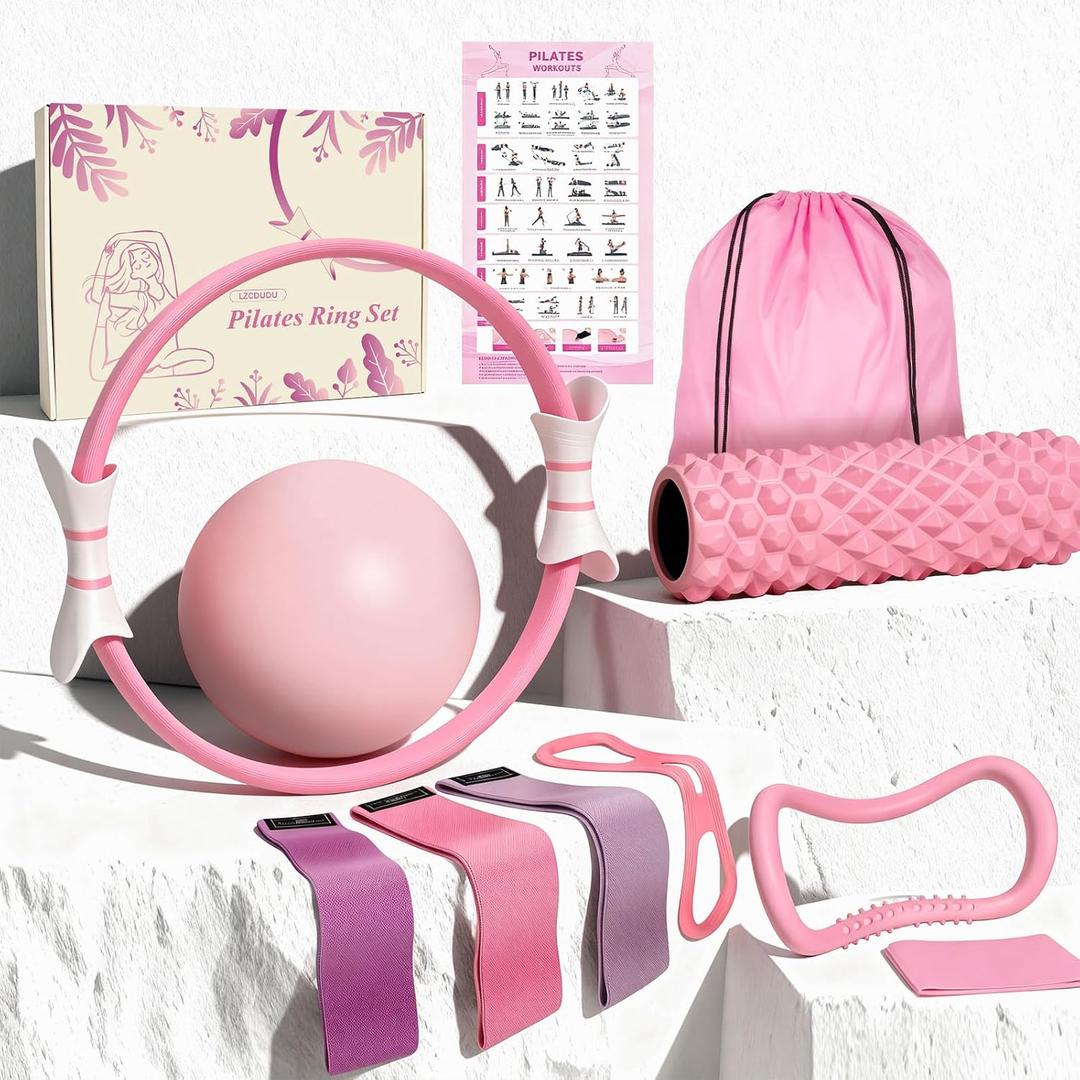 Pink Pilates Ring Kit with 14 inch Magic Circle & Foam Roller, Ergonomic Home Workout Equipment Set, Full Essentials for Women Beginners - Includes Exercise Guide & Storage Bag