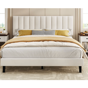 Garvee Suede Upholstered Platform Bed Frame with Adjustable Tufted Headboard, Sturdy Noise-Free Support, No Box Spring Needed, Easy Assembly - Queen Size, White