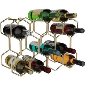 Buruis Countertop Wine Rack, 14-Bottle Modern Freestanding Metal Holder for Red and White Wine, Tabletop, Kitchen, Bar, and Cabinet Storage (Gold)