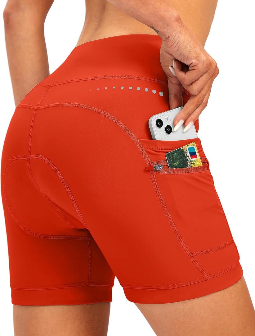 Women's 4D Padded Bike Shorts 5"/7" Riding Underwear Cycling Bicycle Road Biking Cycle Shorts for Women Zipper Pockets (Medium, Orange)