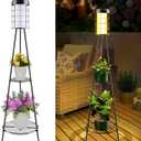 ROSHWEY Solar Lights Outdoor with 2 Tier Plant Stand, 2 Pack Solar Floor Lamps Waterproof with USB Charging, Metal Flower Shelf Solar Lights Landscape Lighting for Patio Porch Deck Yard Garden Decor