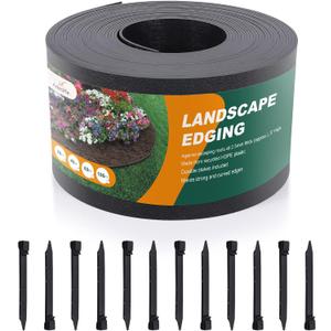 Black Plastic Garden Landscape Edging, 5 Tall Border Coil, Flexible and Strengthened with Anti-UV Treatment (100ft with 30pcs Stakes)