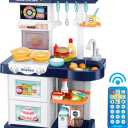 Kids Play Kitchen Playset, Toddler Toy Kitchen with Remote Control Lights and Music,Pretend Steam and Play Sink, Blue Kitchen Accessories Set for Kid, Birthday for Boy Girl