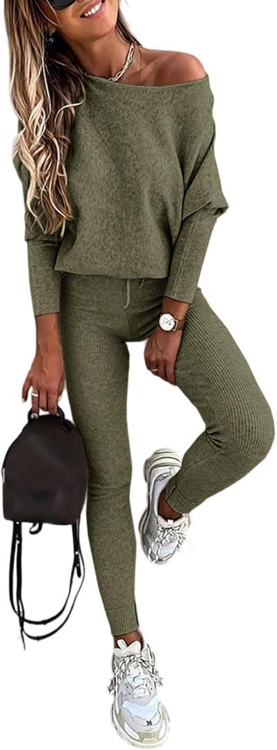 CHICME 2 Piece Lounge Outfit Long Sleeve Knit Pullover Tops Drawstring Pants Set Tracksuit Sweatsuit (Small, C-army Green)